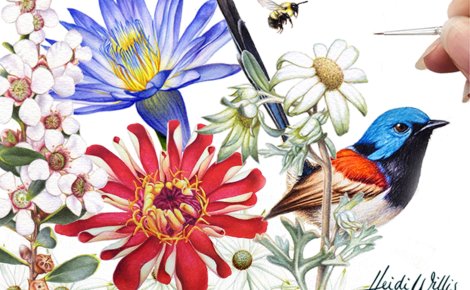 Small Bird with Botanical Elements in Watercolour