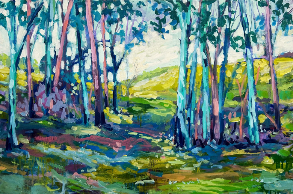 Colorful forest painting with vibrant greens, blues, and purples