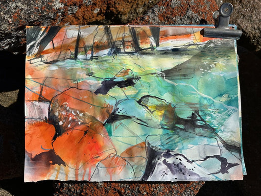 Abstract painting with vibrant colors on a dark surface