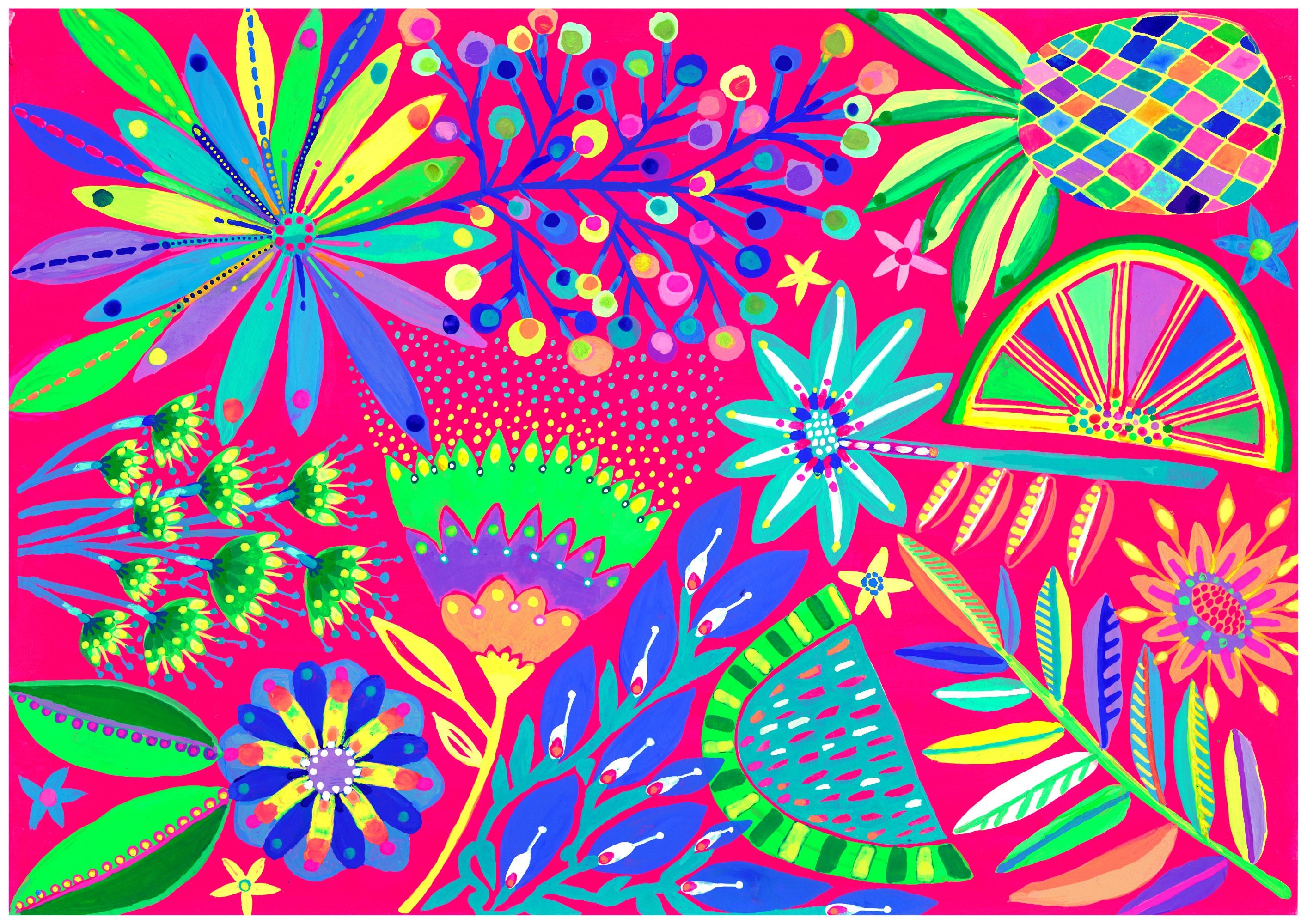 Colorful abstract floral design on a pink background