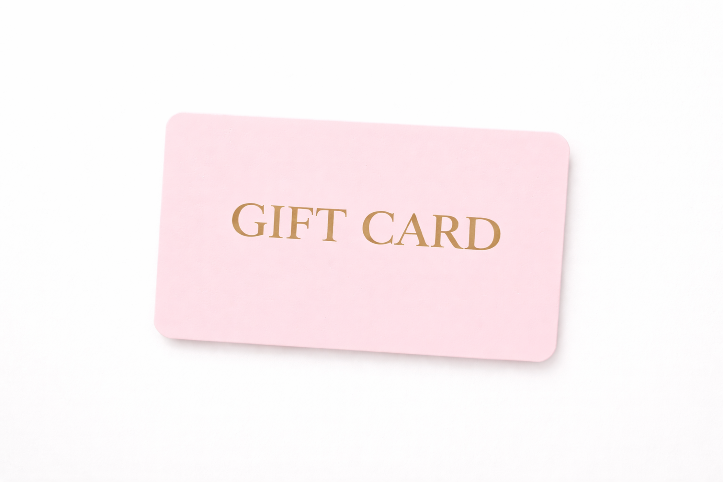 Pink gift card with gold text on a white background