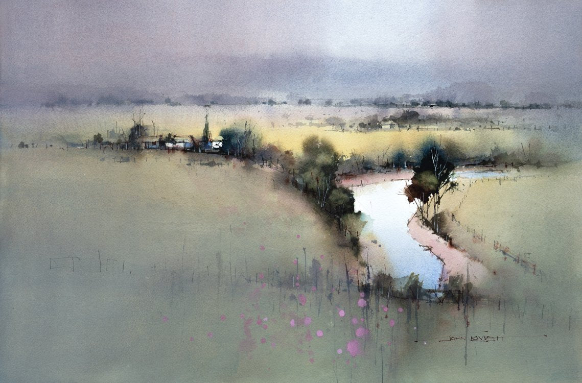 Watercolor landscape painting of a field with trees and a river