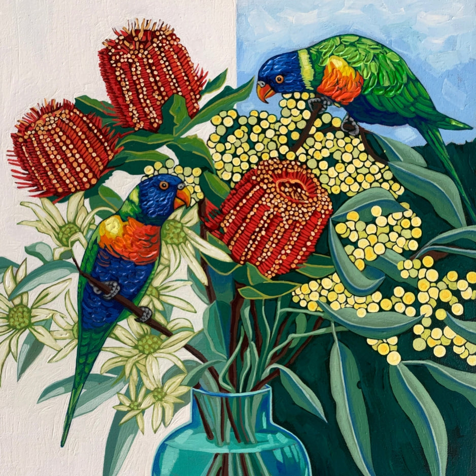 Artistic depiction of two parrots among flowers and leaves with a blue vase.