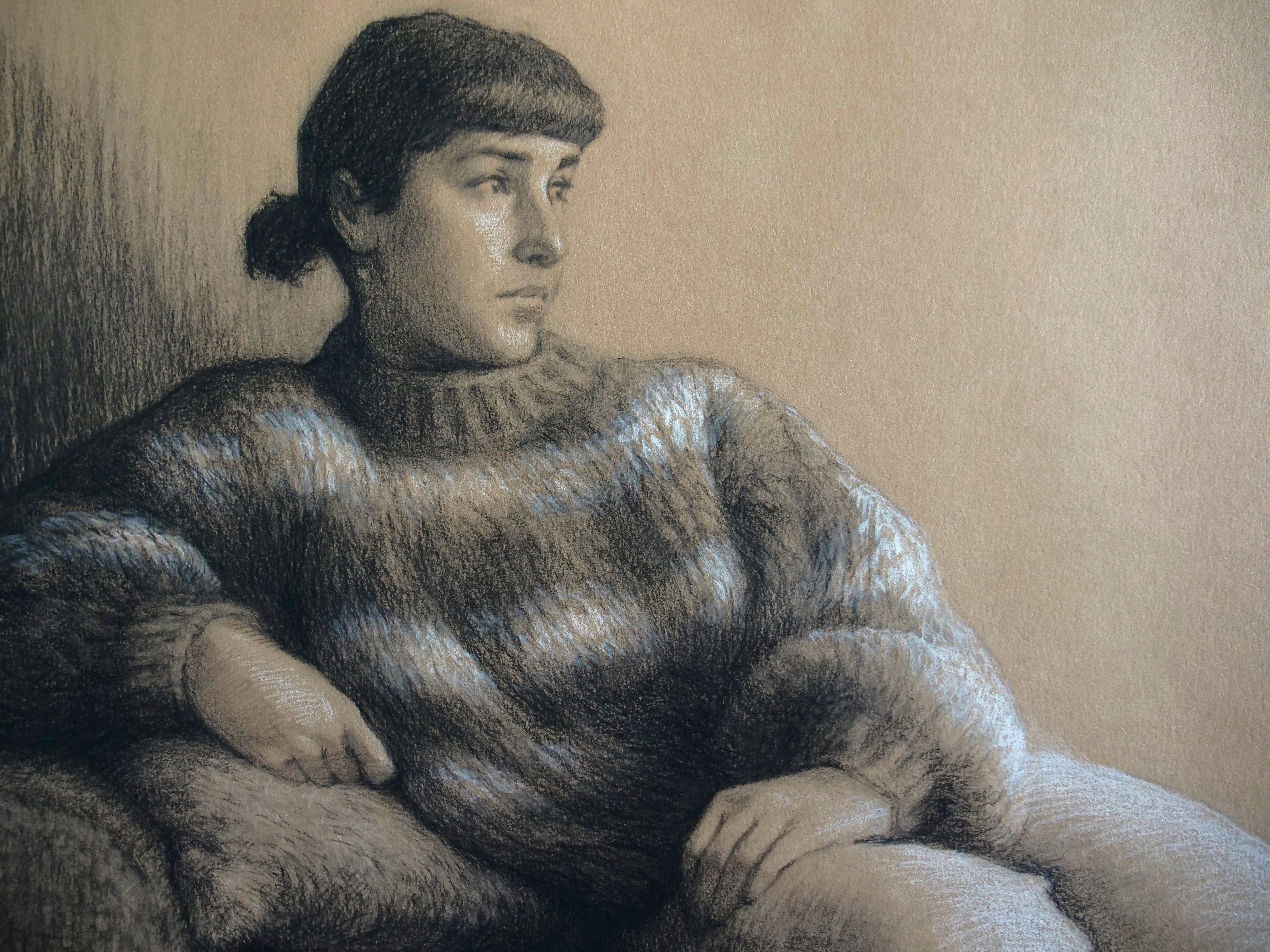  charcoal drawing of a person wearing a textured sweater against a beige background