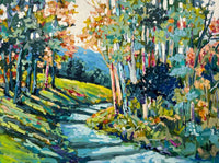 Colorful landscape painting of a forest path with trees and grass.